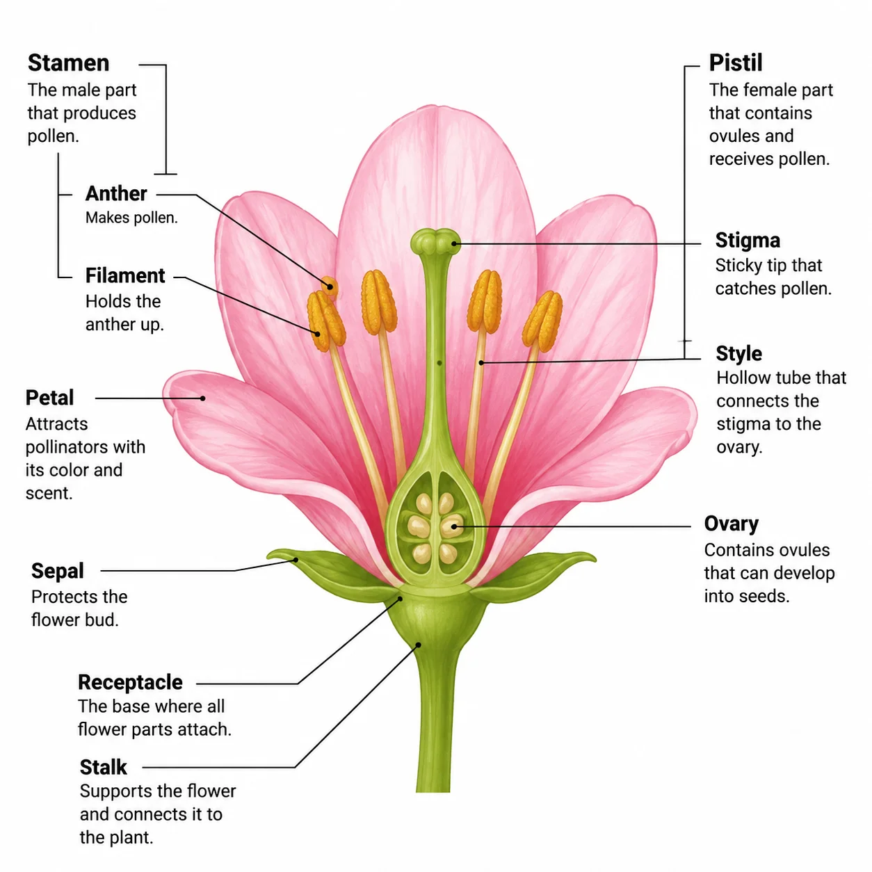A parts of a flower diagram with a short note describing the function of each part.