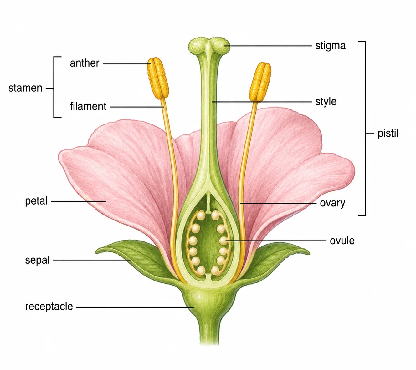 A cross-section parts of a flower diagram showing the inside of the ovary and reproductive parts.