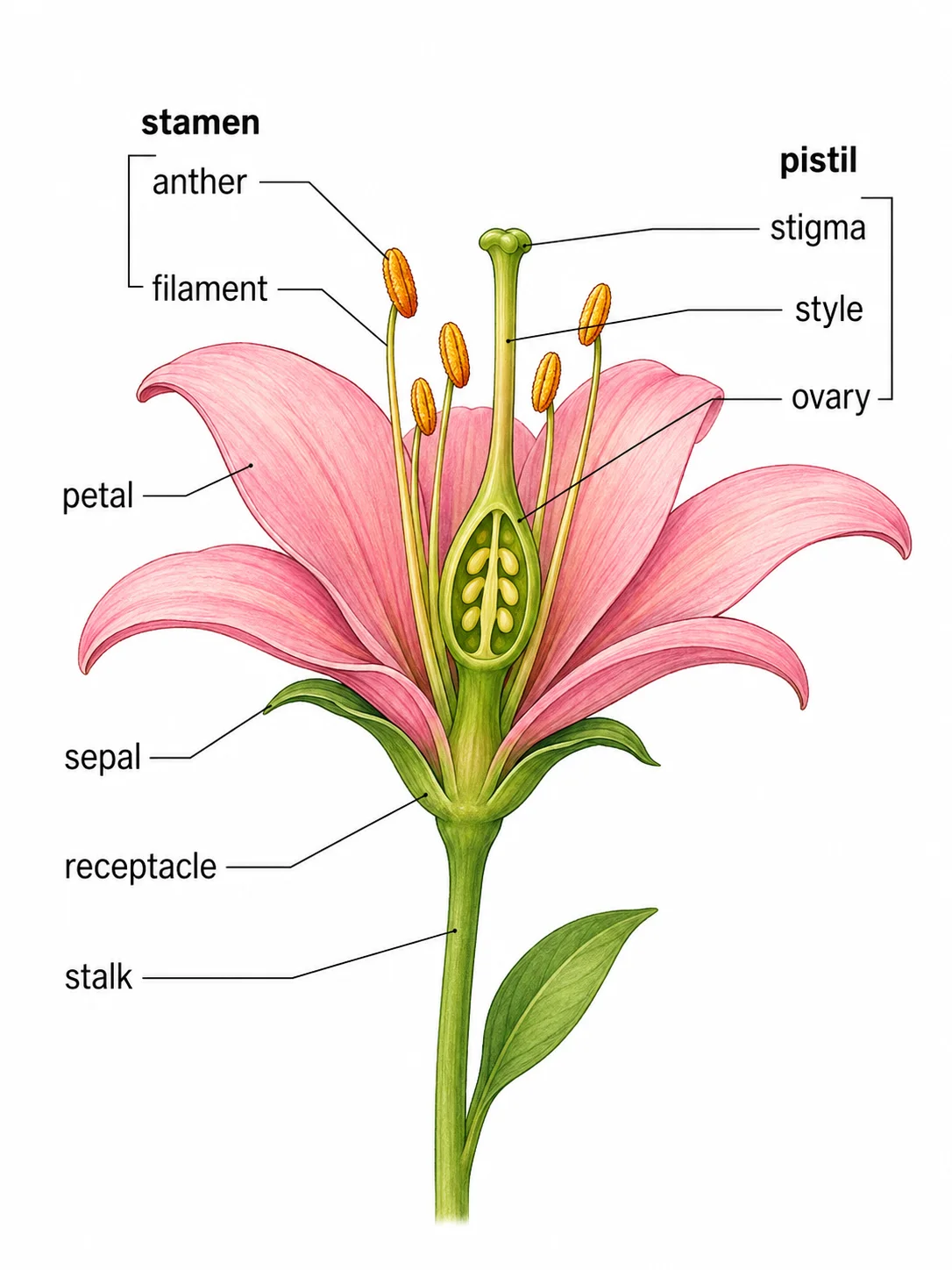 A labeled parts of a flower diagram showing petal, sepal, stamen, and pistil with a callout for each part.