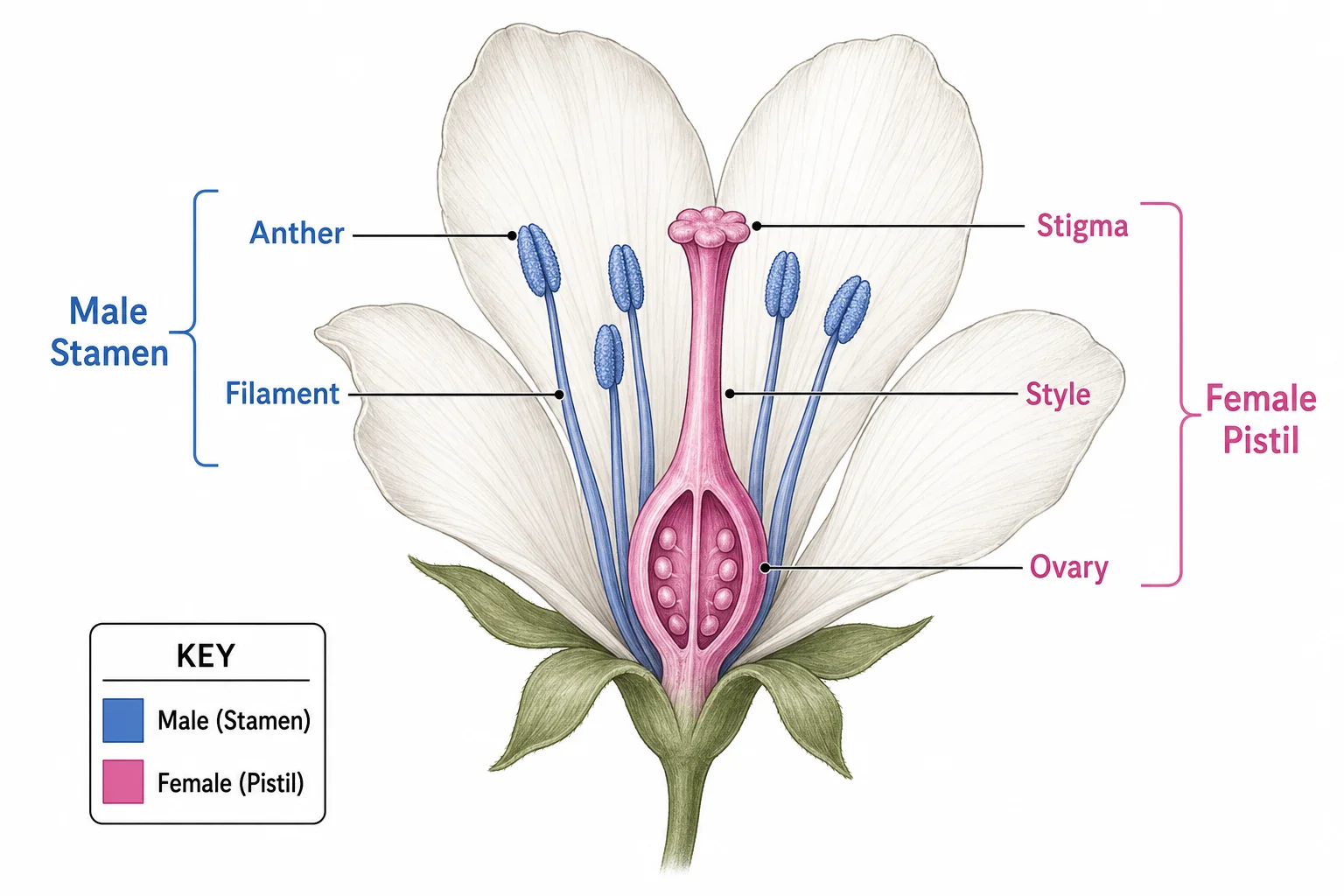 A parts of a flower diagram color-grouping the male stamen and female pistil.