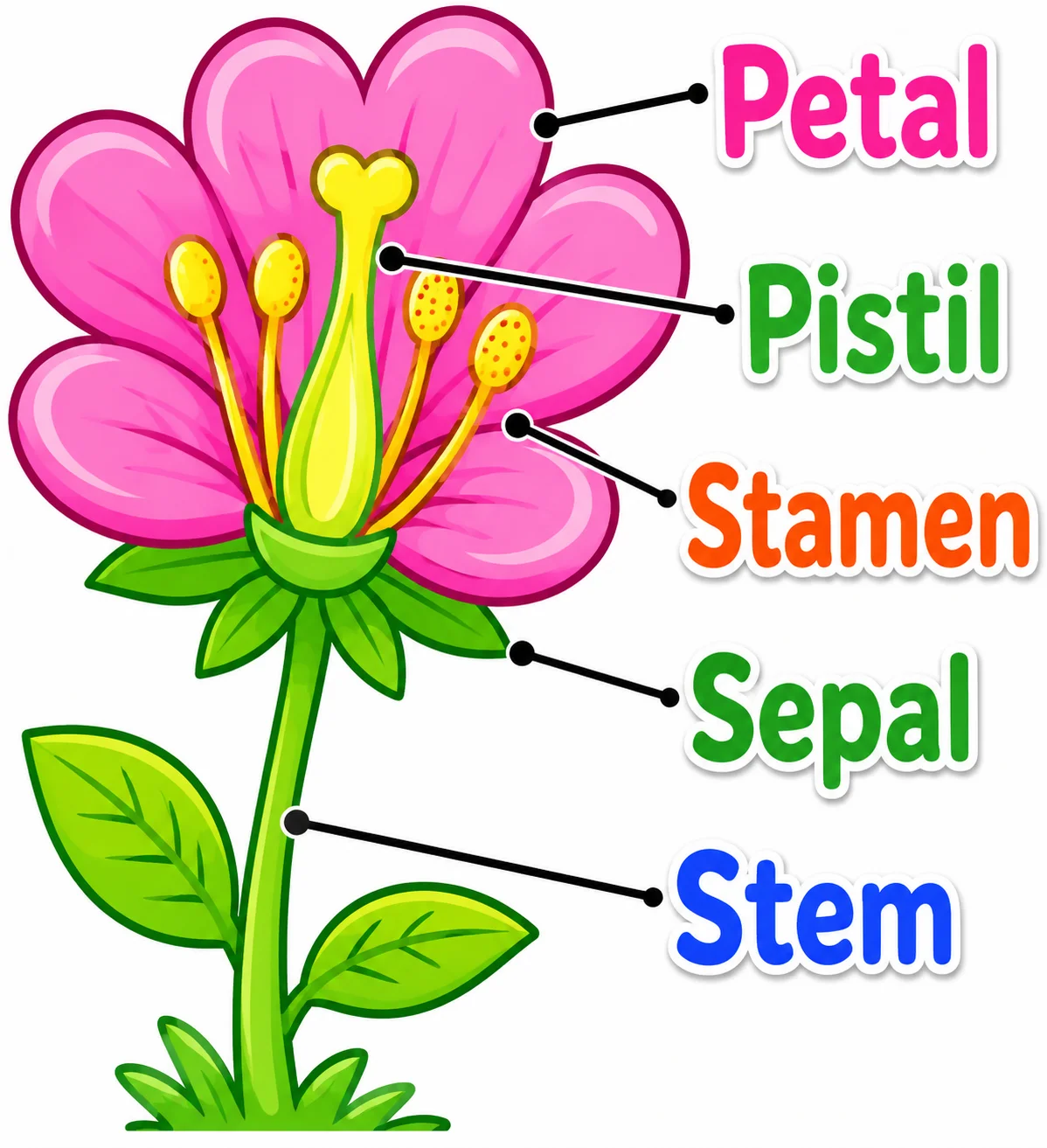 A simple, colorful parts of a flower diagram for young learners with large readable labels.