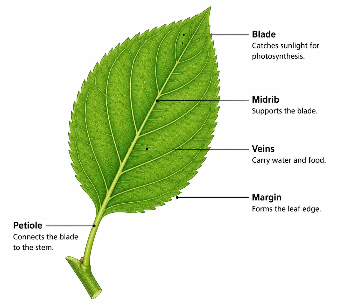A parts of a leaf diagram with a short note describing the function of each part.