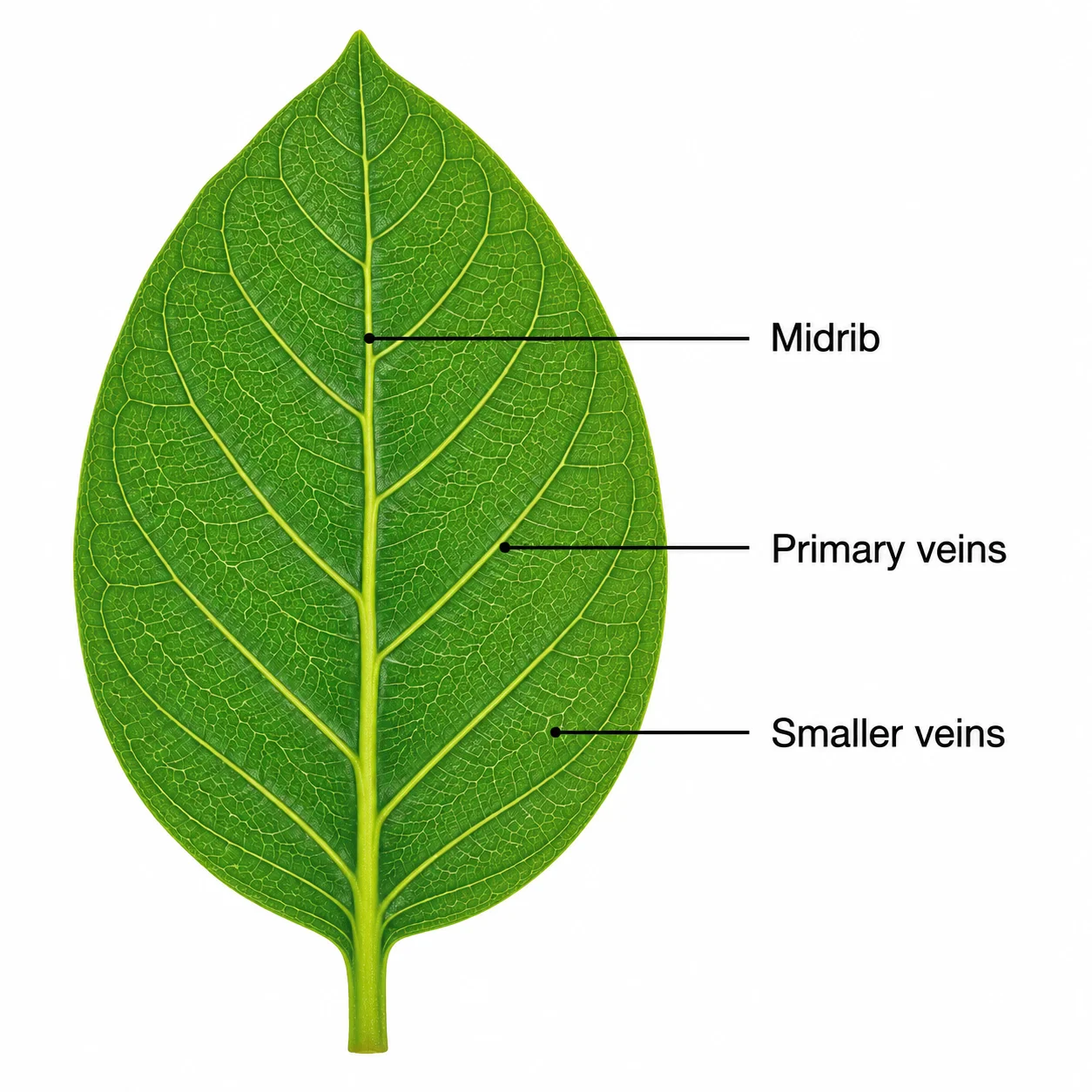 A leaf venation diagram showing the midrib and branching vein network labeled.
