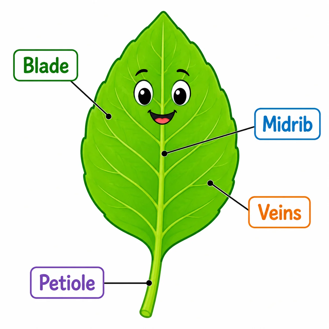A simple, colorful parts of a leaf diagram for young learners with large readable labels.