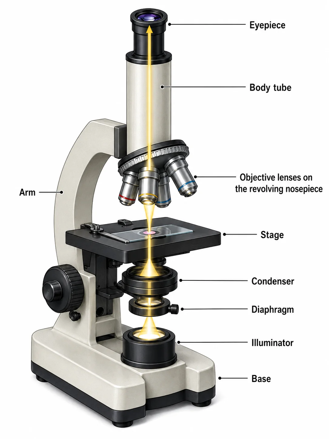 A labeled compound microscope diagram highlighting the optical path from illuminator to eyepiece.