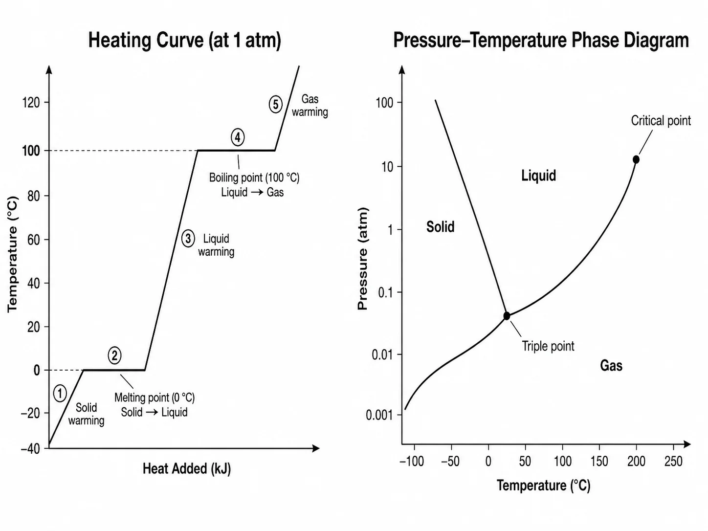 Phase change heating curve showing temperature versus heat added, with flat regions at melting and boiling points.