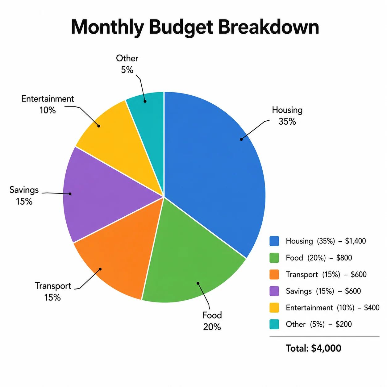 Pie chart showing a household or business budget split across six spending categories with percentage labels.