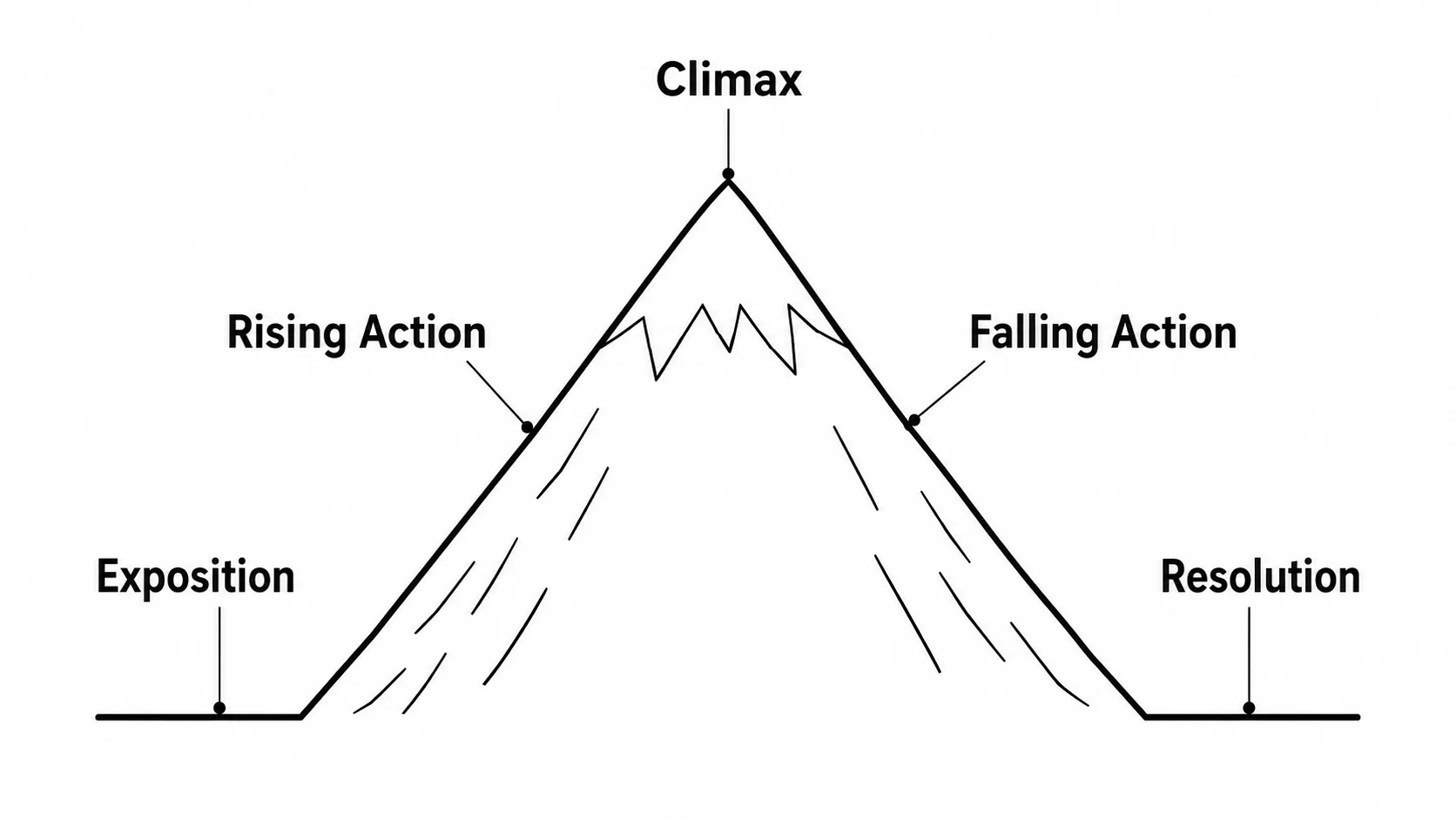 Elementary story mountain diagram with Beginning, Build-Up, Problem, Falling Action, and End labeled in a friendly style.