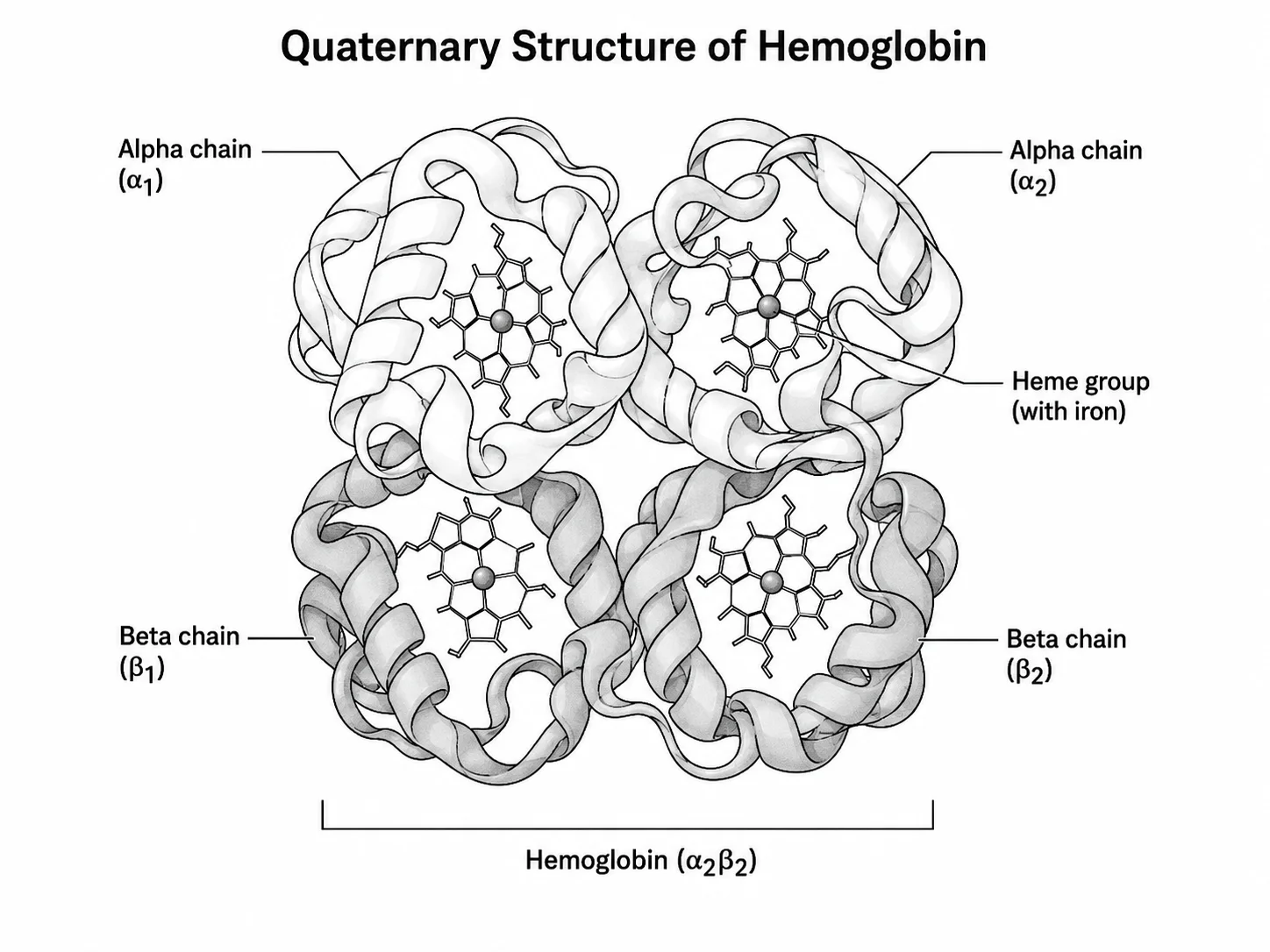Labeled diagram of hemoglobin quaternary structure showing four polypeptide subunits and heme groups.