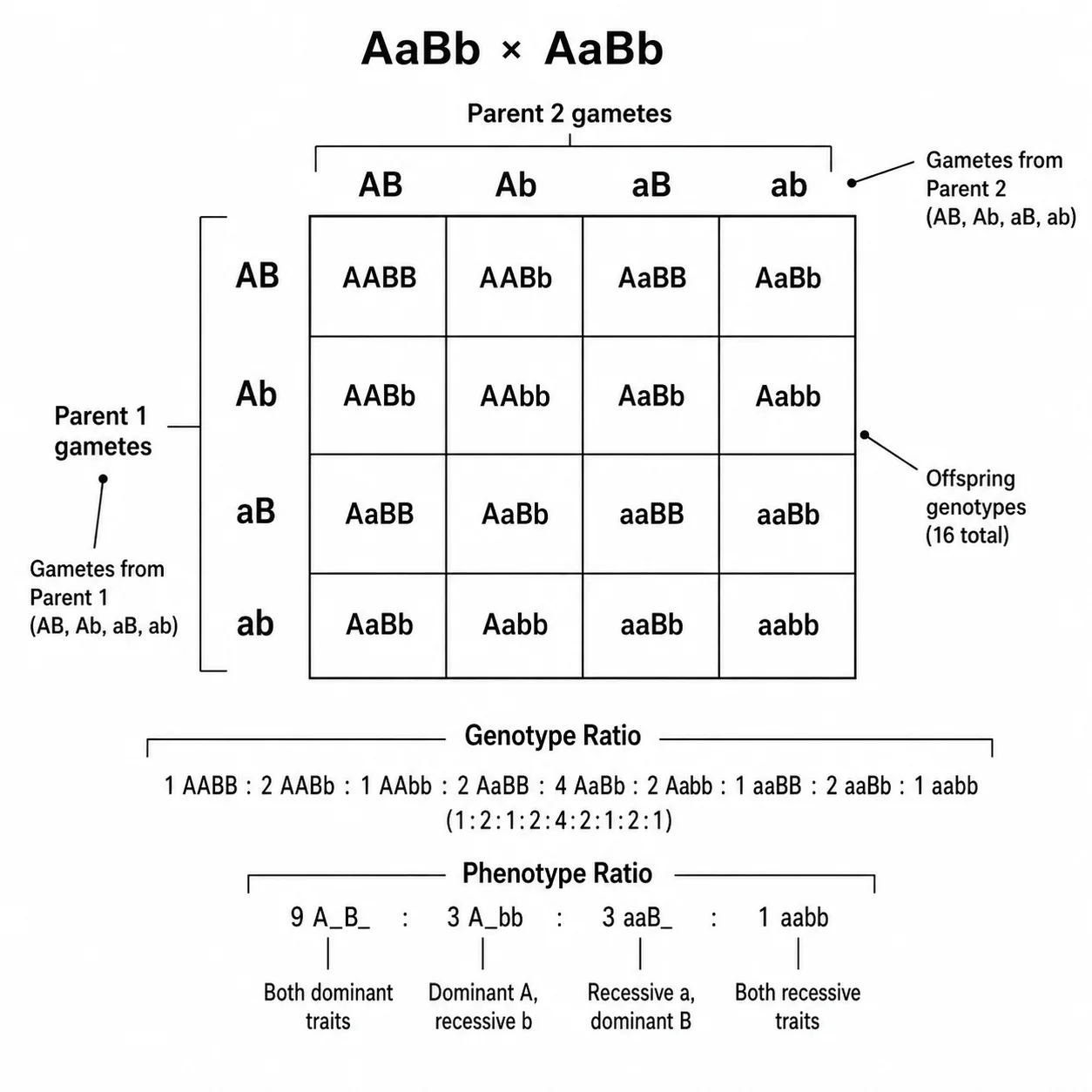 Dihybrid 4x4 Punnett square showing the 9:3:3:1 ratio.