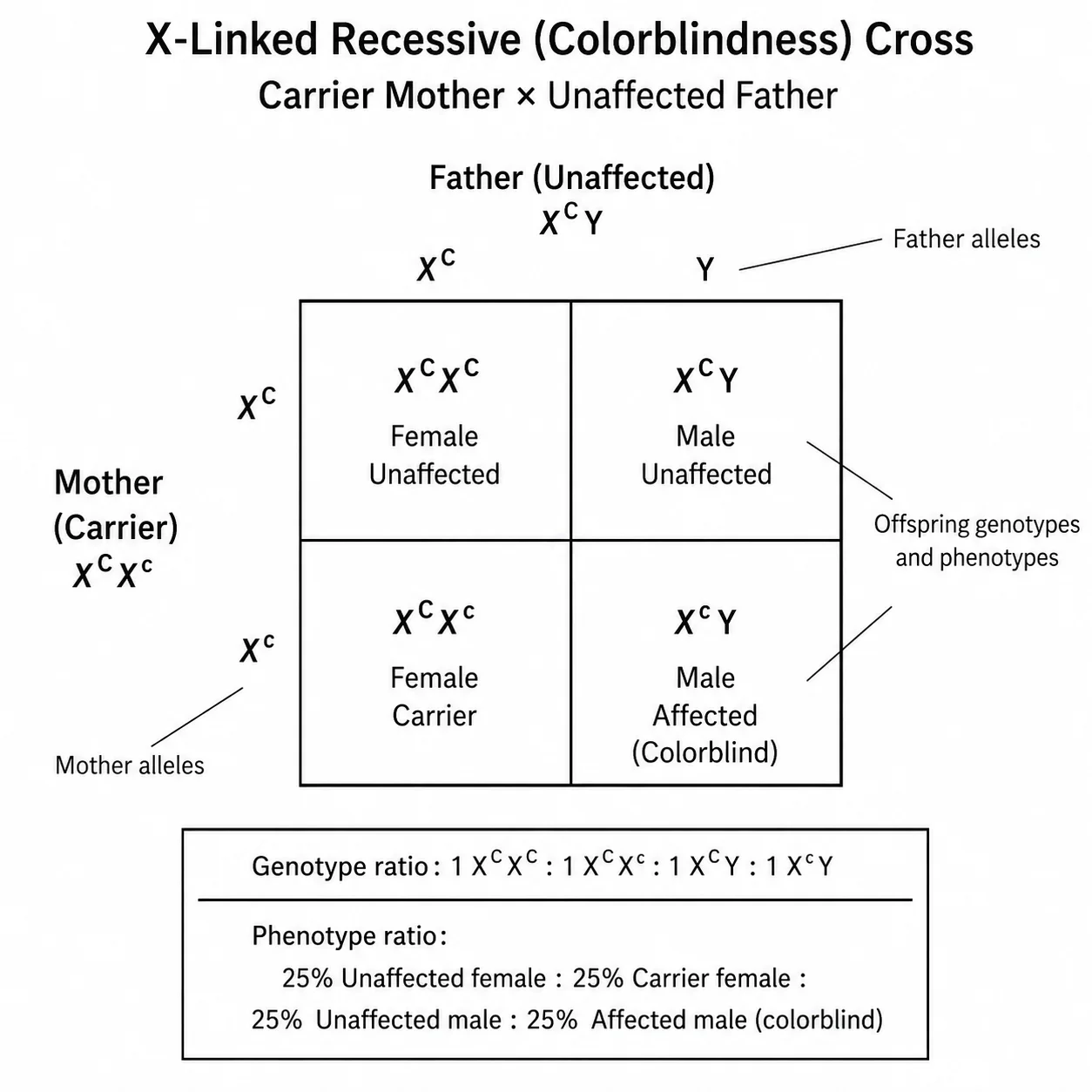 X-linked Punnett square for colorblindness inheritance.