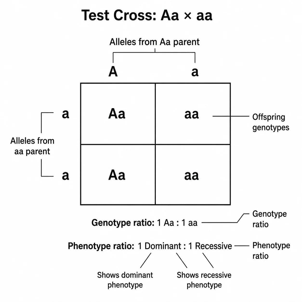 Punnett square test cross of an unknown dominant genotype with a recessive parent.