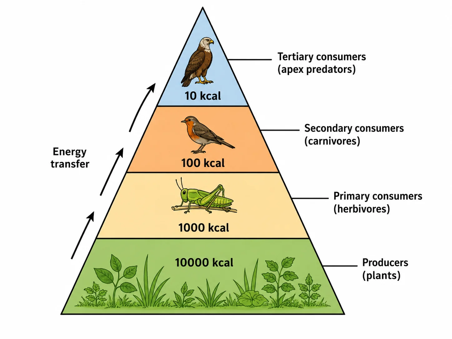 Ecological energy pyramid showing producers, primary consumers, secondary consumers, and apex predators.