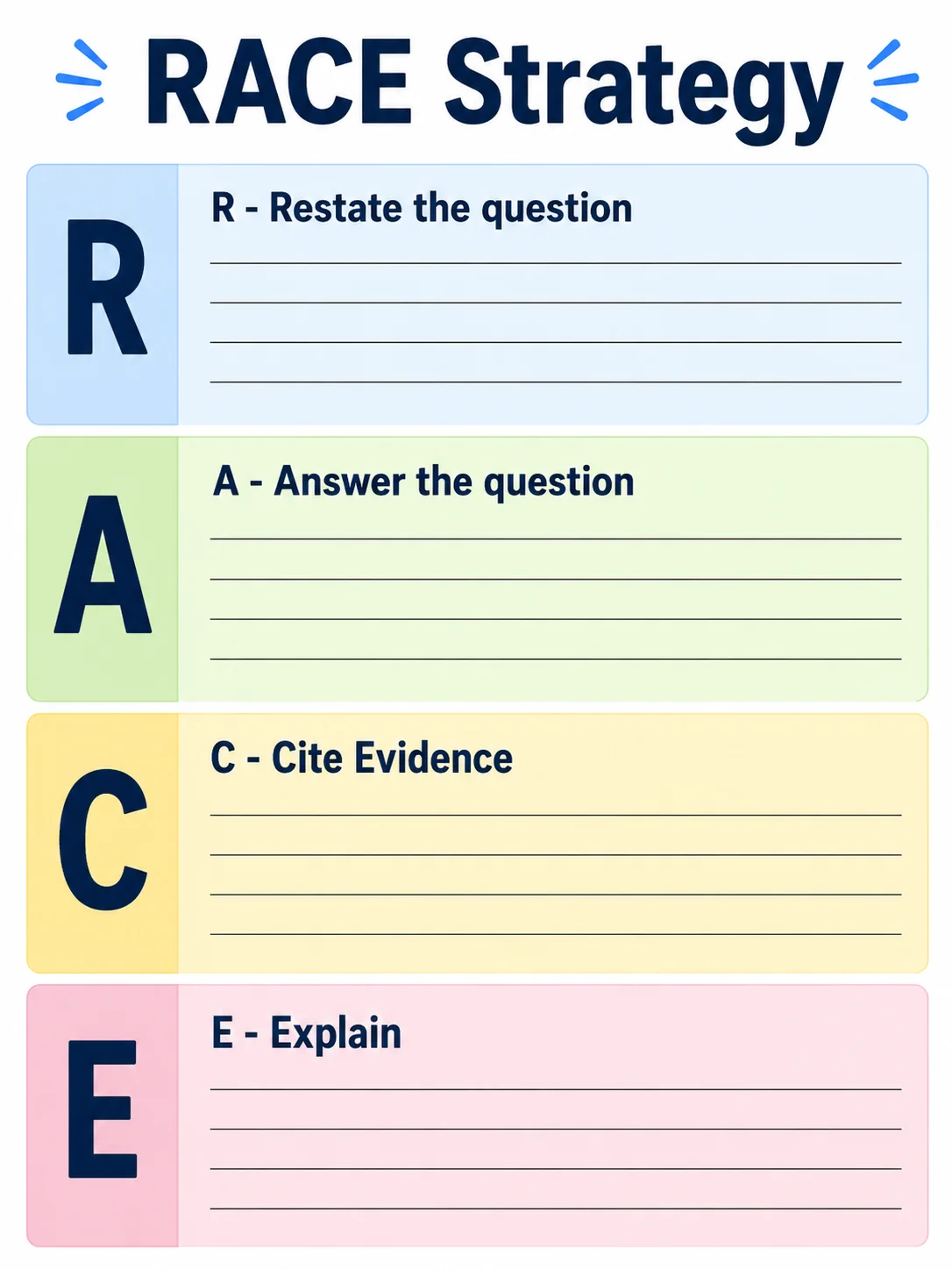 Color-coded RACE organizer where each of the four rows uses a distinct soft color.