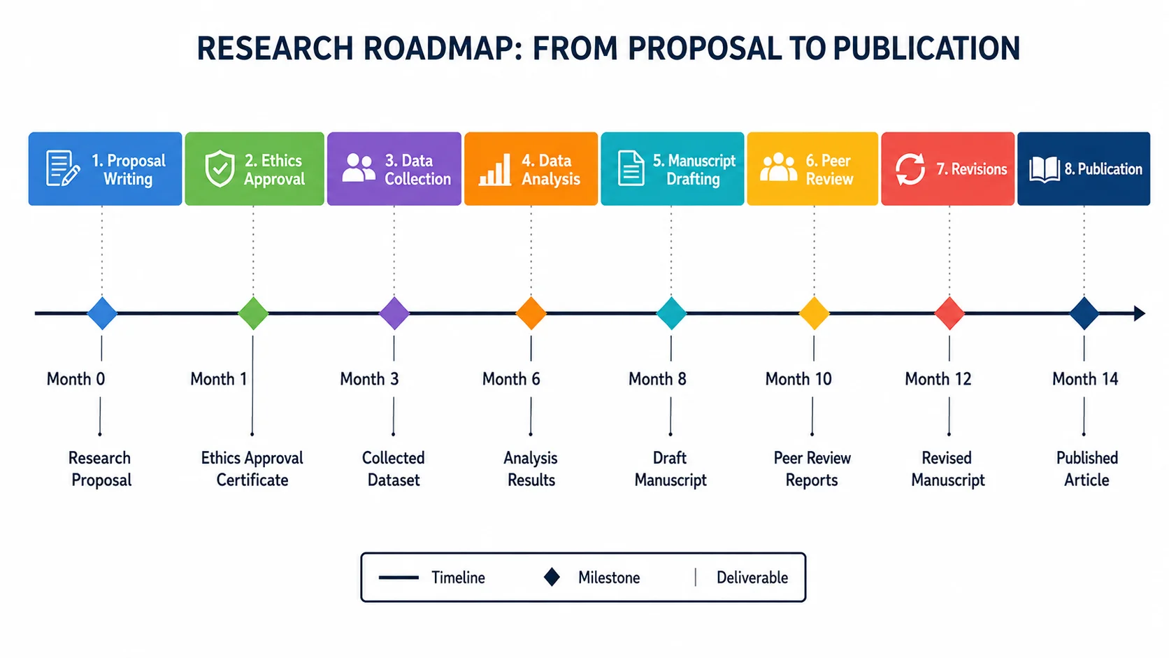 Research roadmap showing all phases from project proposal through peer review to publication.