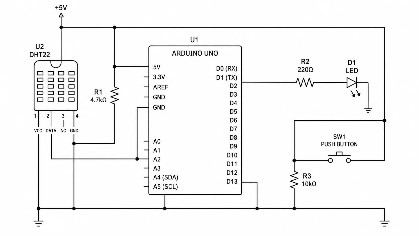 Arduino-style wiring schematic showing a microcontroller connected to sensors and peripherals.