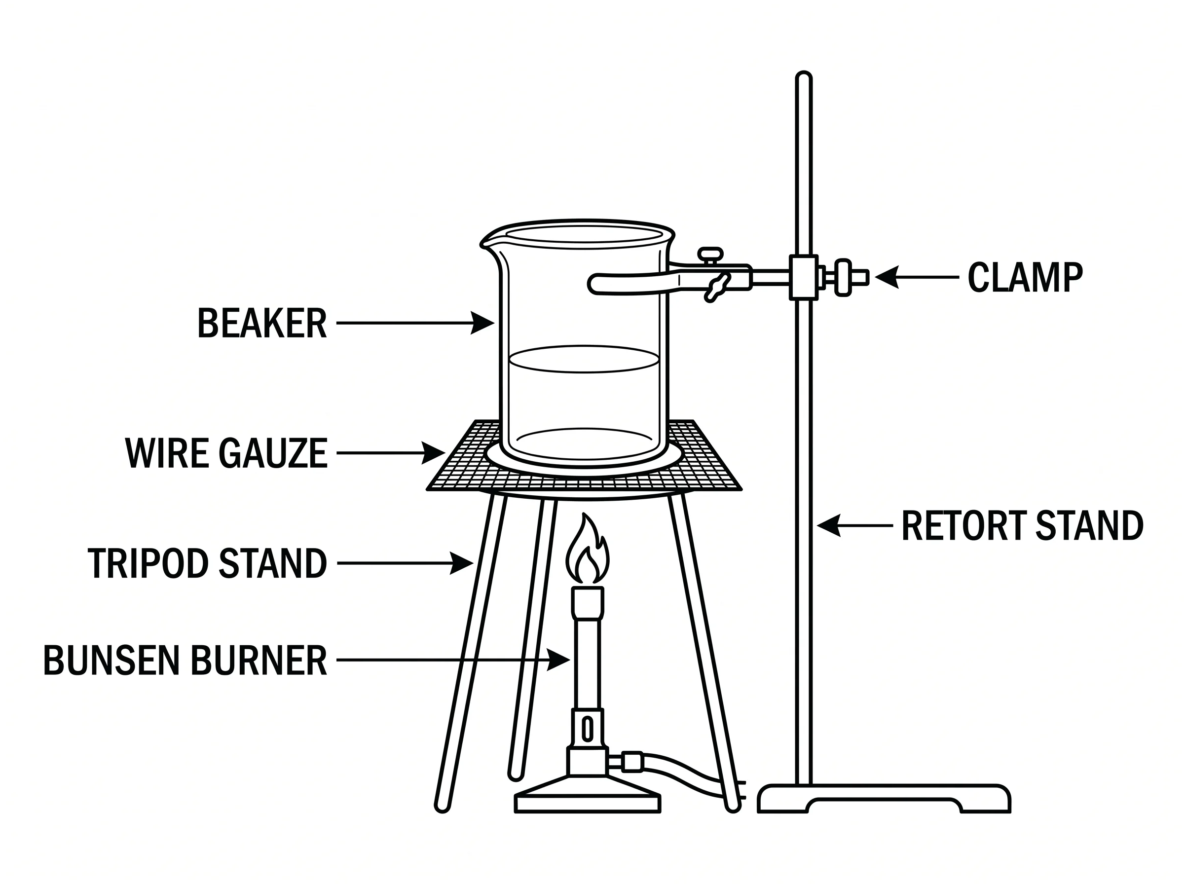 Labeled chemistry drawing of common lab apparatus including a Bunsen burner and beaker setup.