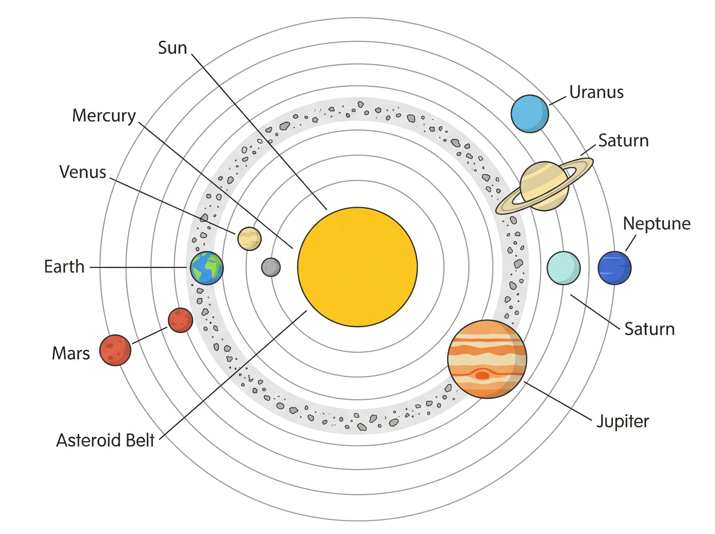 Labeled astronomy drawing of the solar system showing all eight planets in order from the Sun.