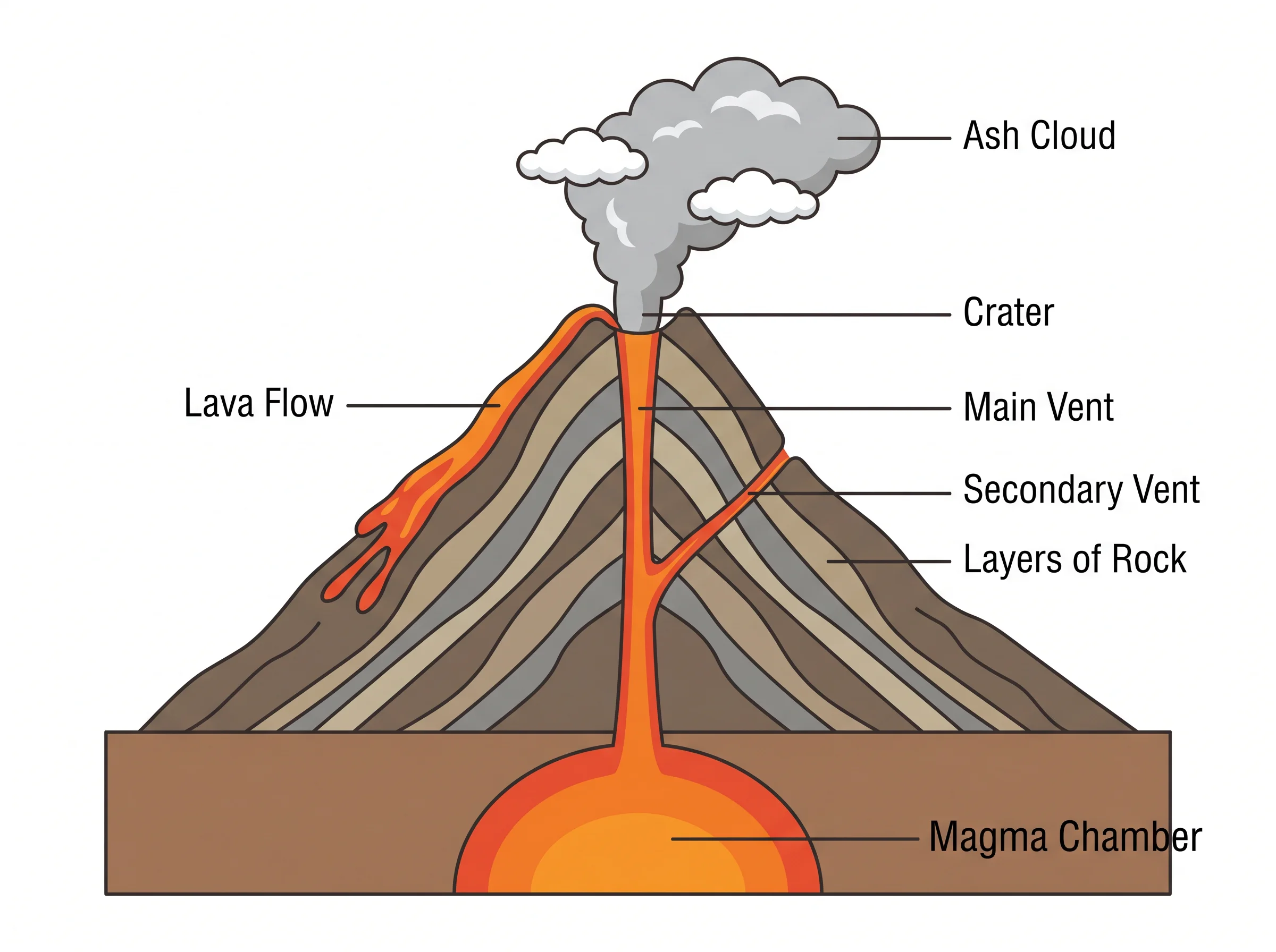 Labeled earth science drawing of a volcano showing magma chamber, vent, crater, and lava flow.