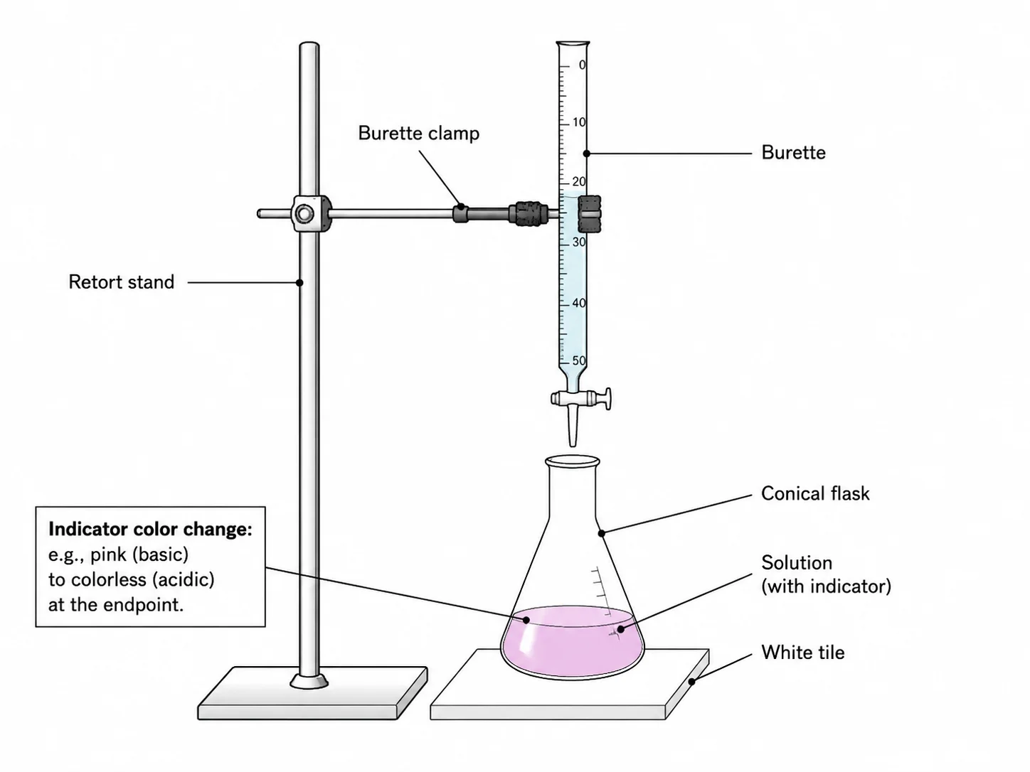 Labeled chemistry titration setup with burette, conical flask, and stand.