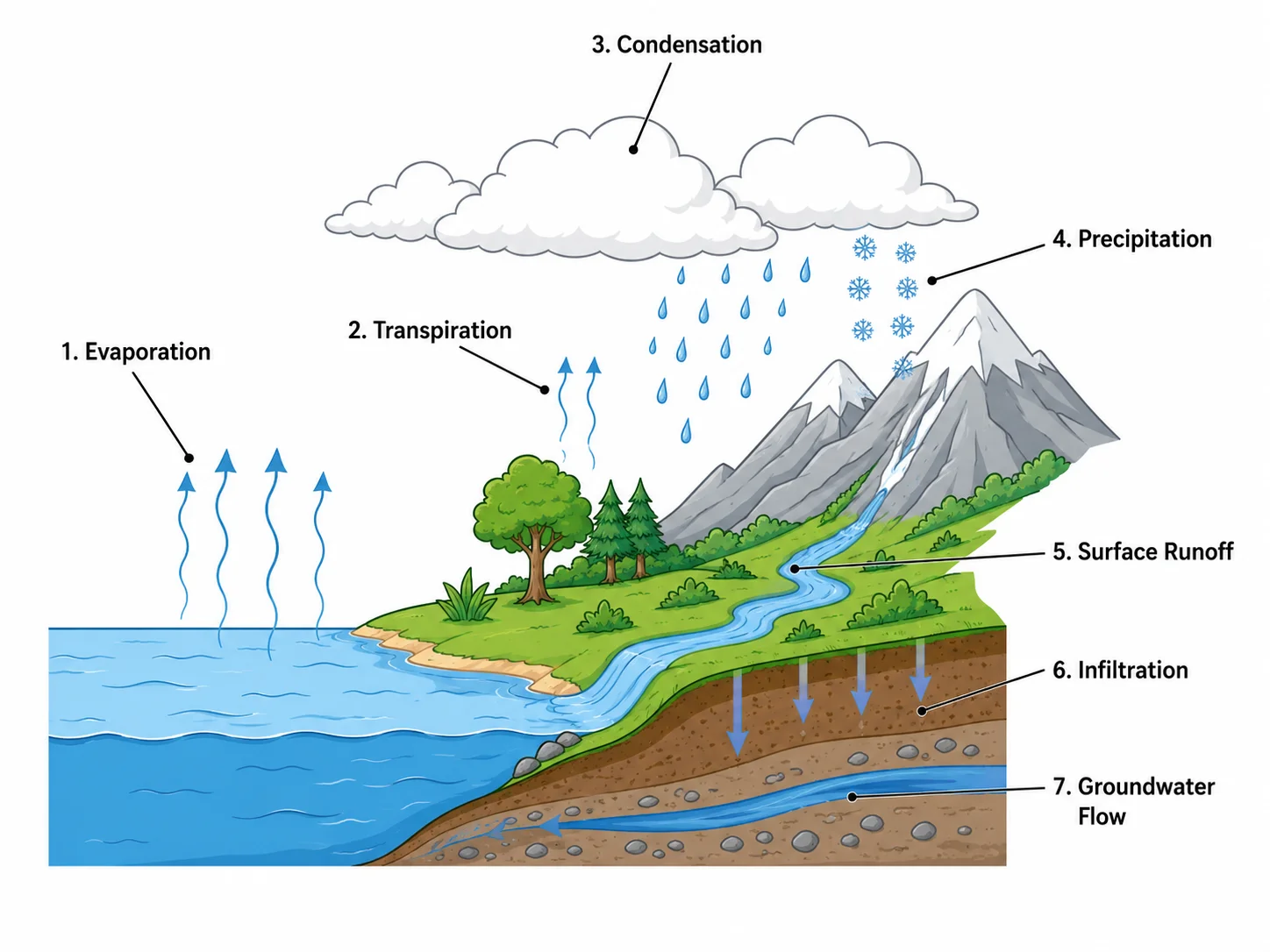 Labeled water cycle diagram showing evaporation, condensation, precipitation, and runoff.