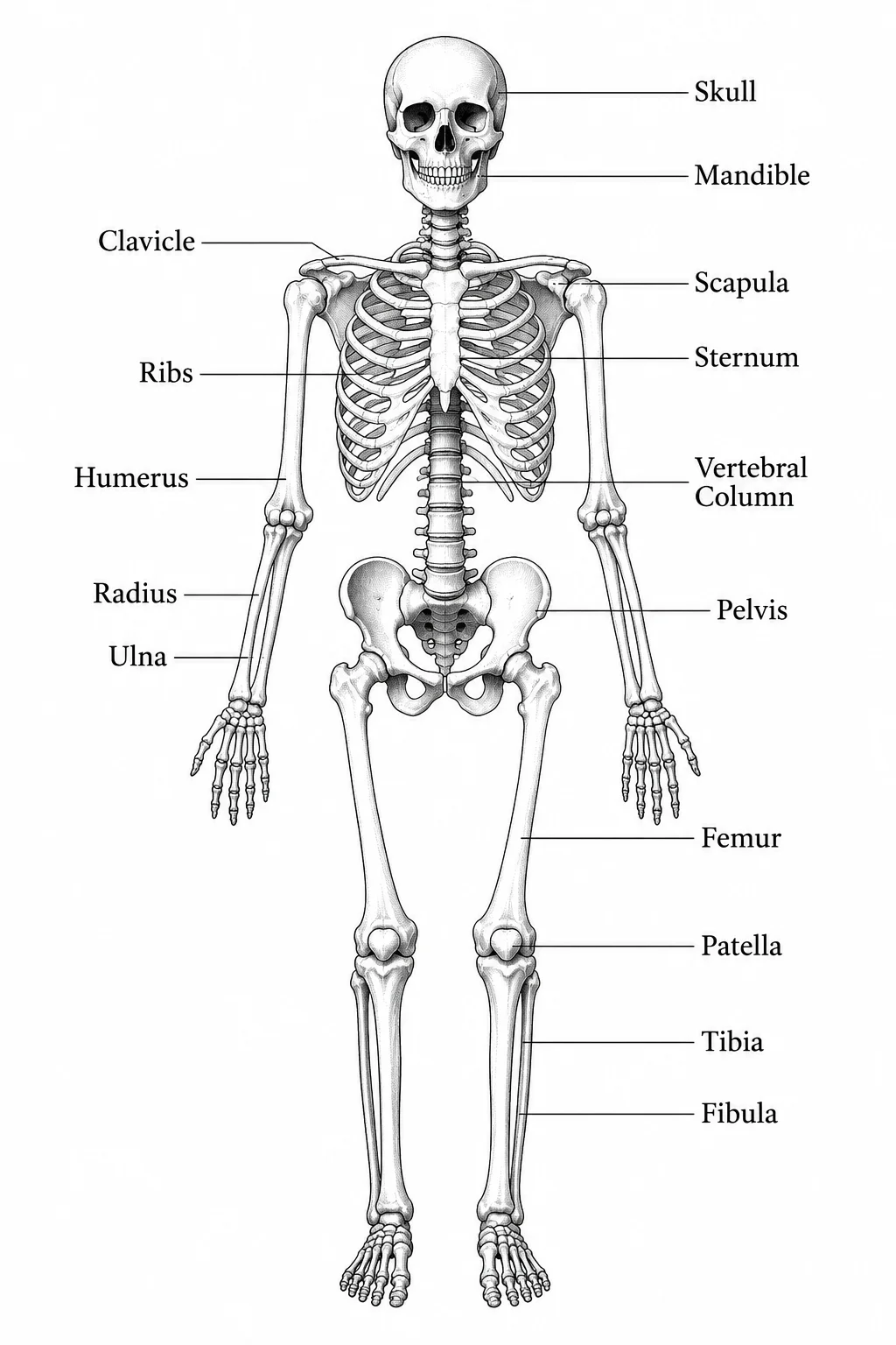 A clean front-view human skeleton diagram showing the full skeleton in anatomical position.