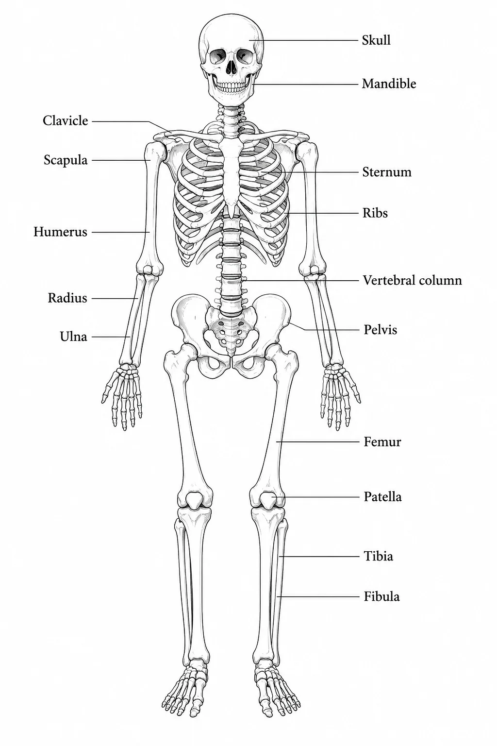 A labeled skeletal system diagram showing the skull, ribs, spine, pelvis, and the major arm and leg bones with a callout for each bone.