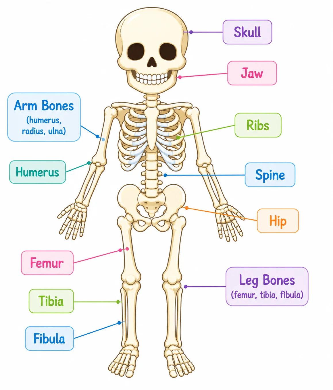 A simple, colorful skeletal system diagram for young learners with large readable labels.