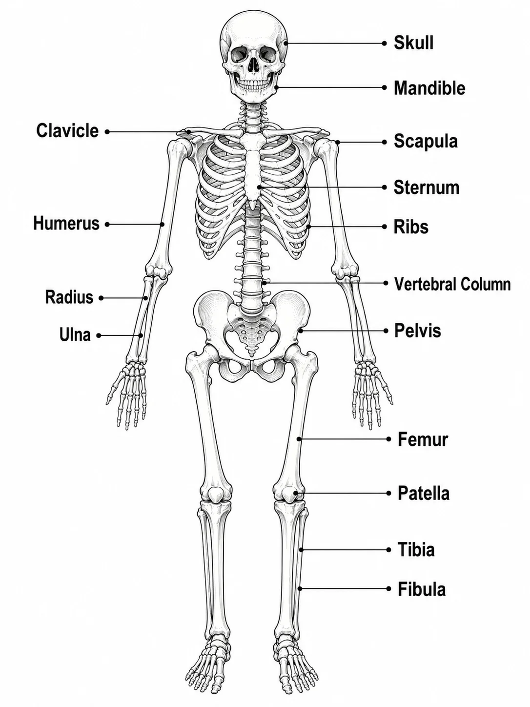 A skeletal system diagram highlighting the major bones such as the femur, humerus, skull, and pelvis.