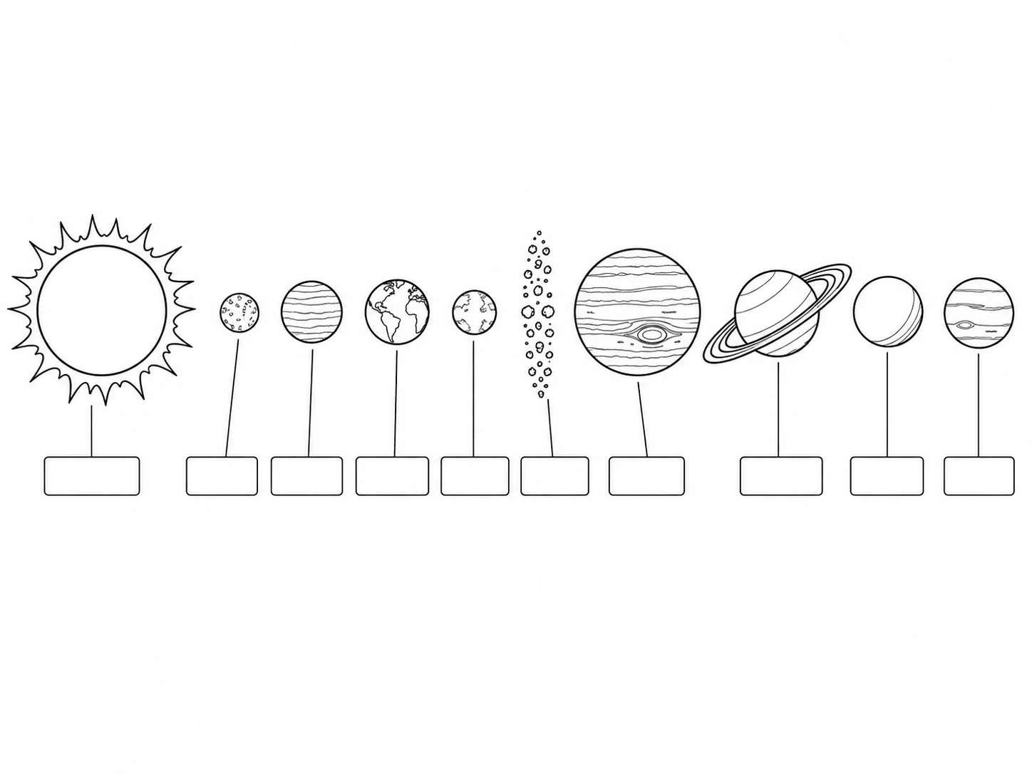 A blank solar system worksheet with empty label boxes for students to name each planet.