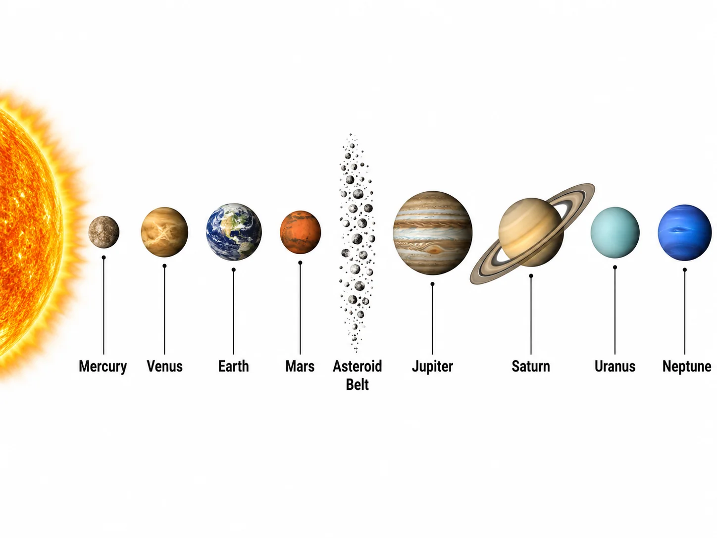 A labeled solar system diagram showing the Sun and the eight planets in order from Mercury to Neptune.