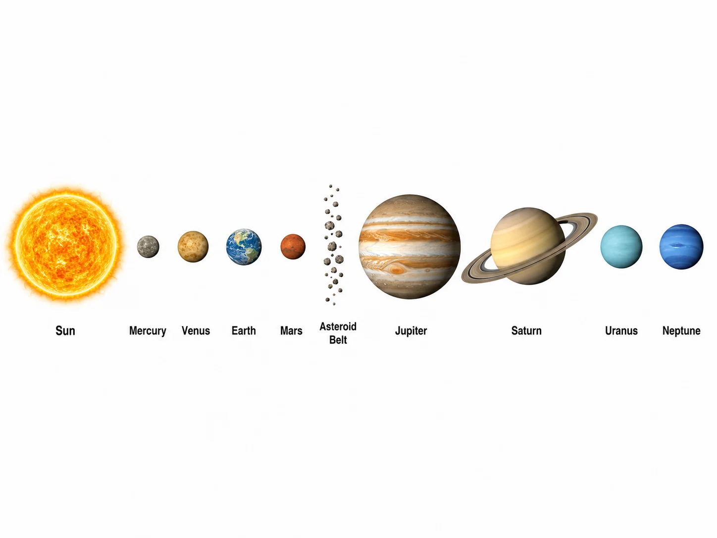 A diagram of the eight planets lined up in order from the Sun with size shown at a glance.