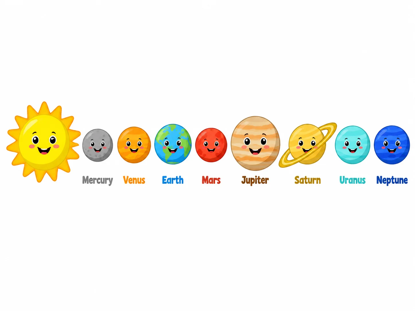 A simple, colorful solar system diagram for young learners with large readable planet labels.