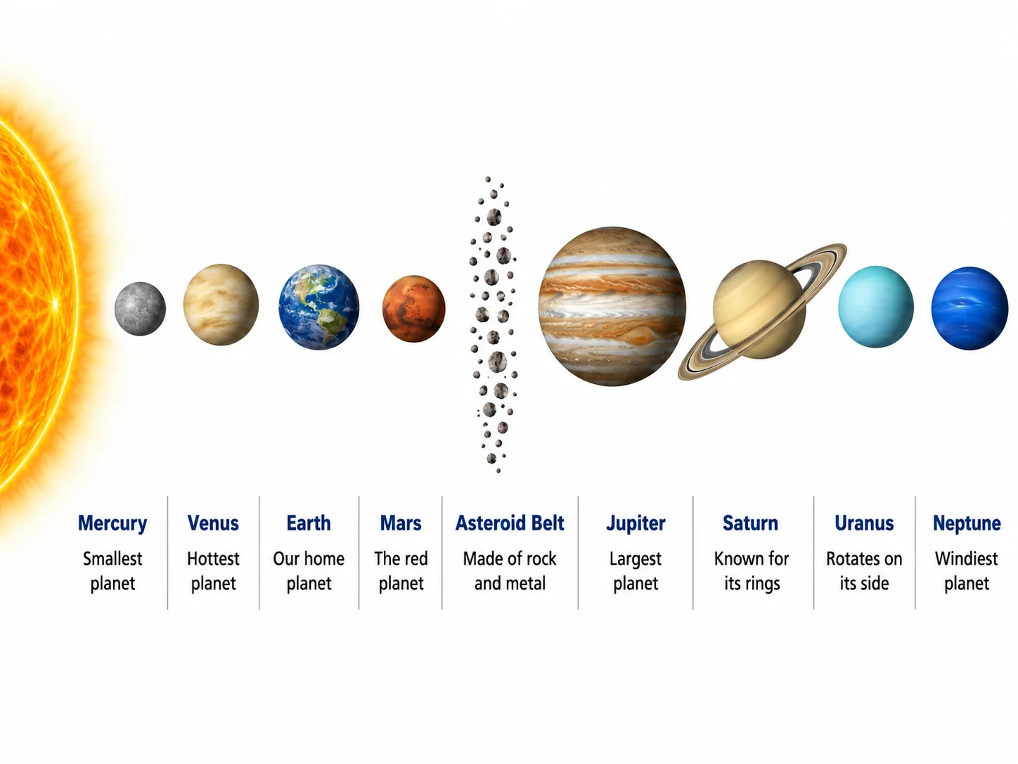 A labeled solar system diagram with a short fact under each planet.