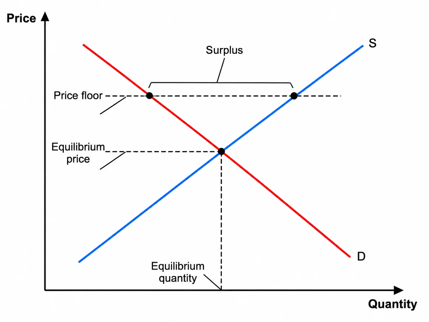 Supply and demand graph with a price floor above equilibrium creating a surplus.