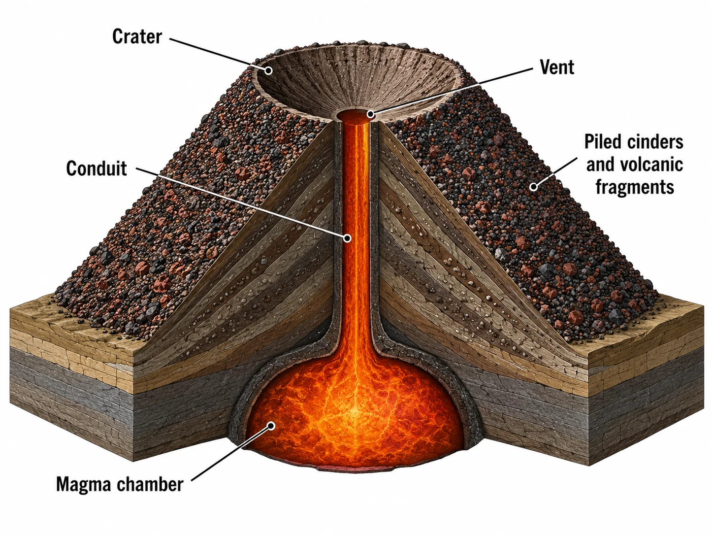 A labeled cross-section of a small, steep, straight-sided cinder cone volcano.