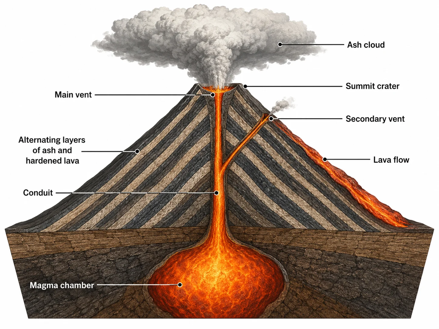 A labeled cross-section of a tall, steep composite volcano with alternating layers of ash and lava.