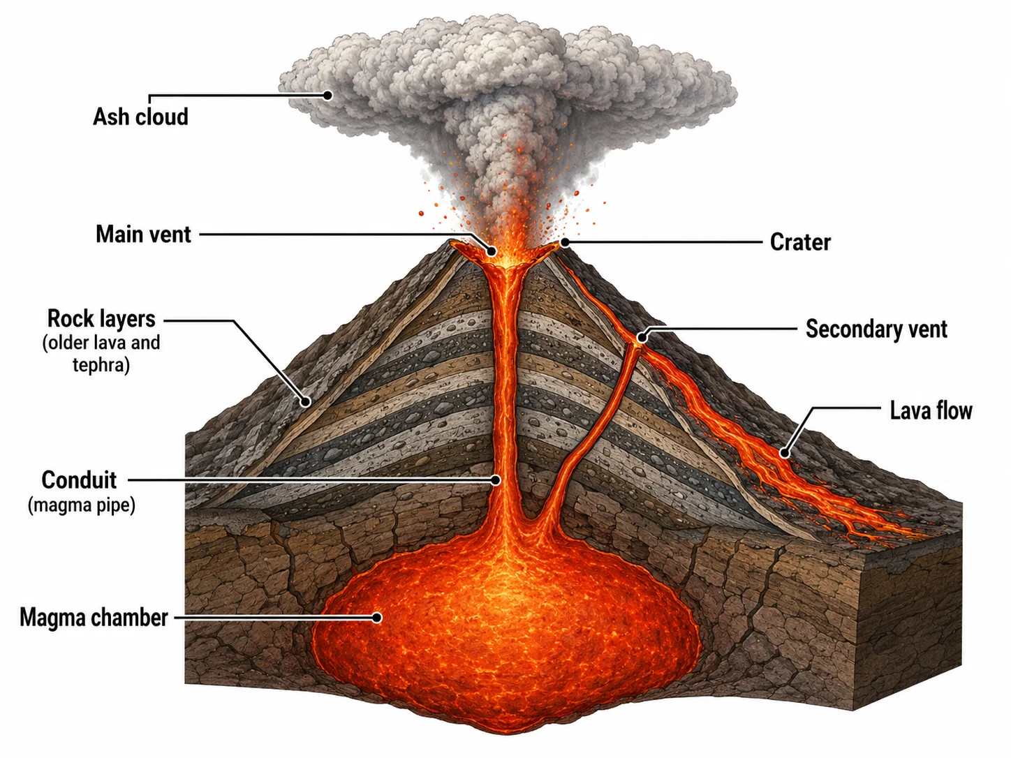 A labeled cross-section of a volcano showing the magma chamber, conduit, vent, crater, lava flow, ash cloud, and rock layers.