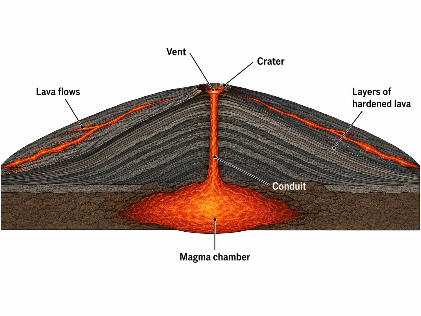 A labeled cross-section of a broad, low shield volcano with runny lava flows.