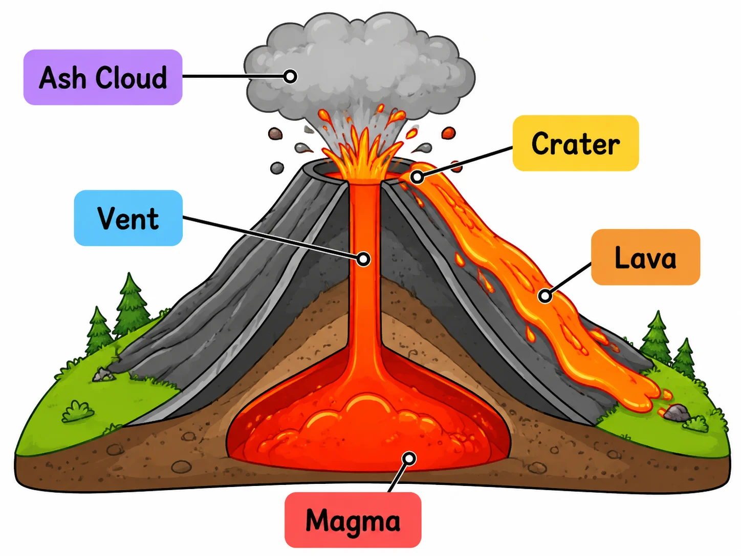 A simple, colorful volcano diagram for young learners with large readable labels.